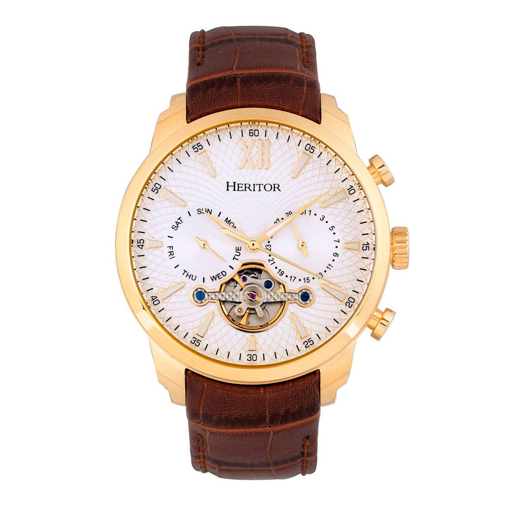 Heritor Automatic Arthur Semi-Skeleton Leather-Band Watch