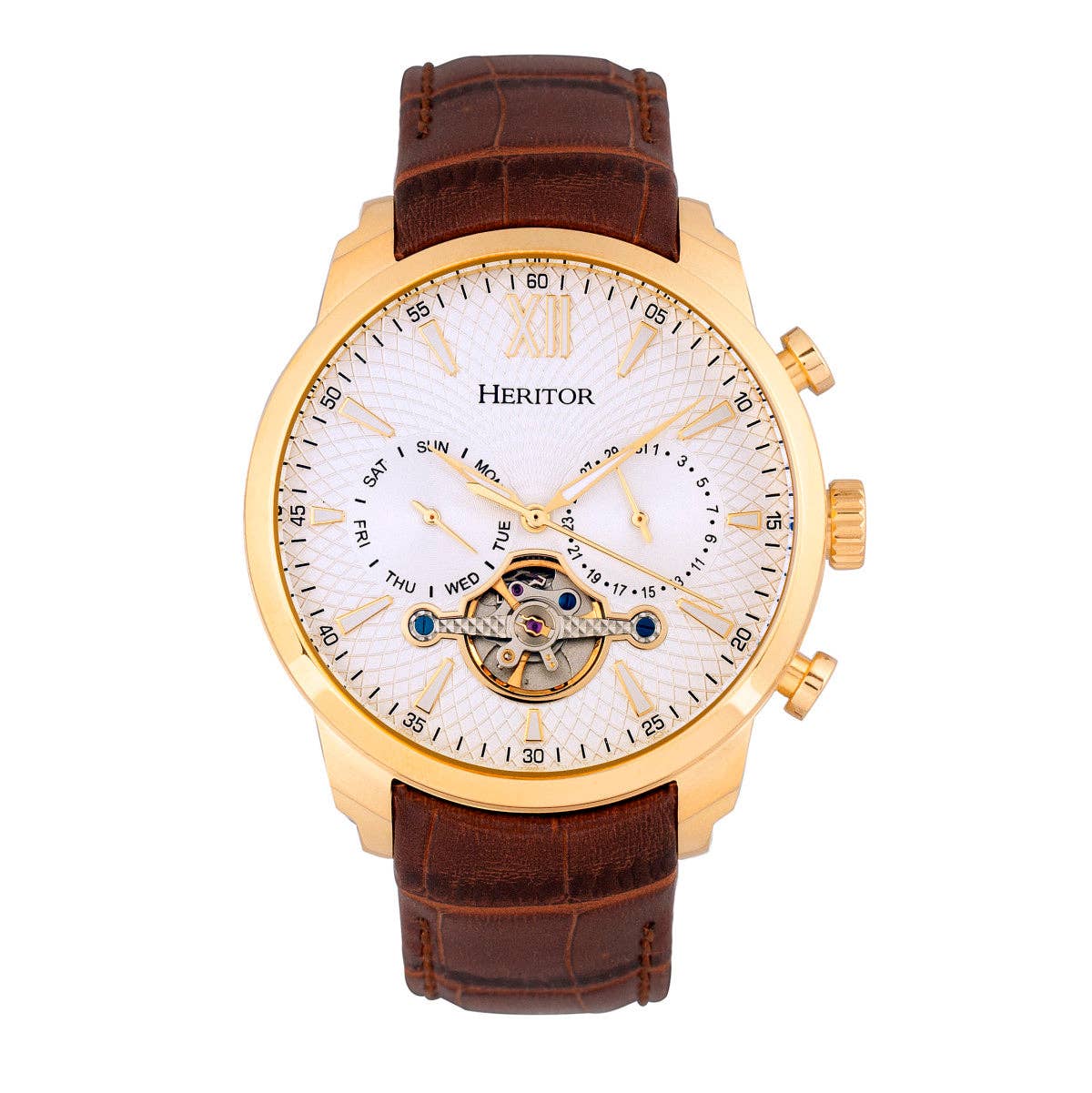 Heritor Automatic Arthur Semi-Skeleton Leather-Band Watch