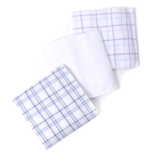 3pcs Men's Cotton Blue Plaid, White & Lavender Plaid Handkerchiefs-MFB1823 - Bundle Bus