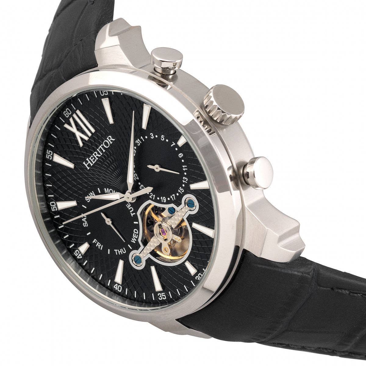 Heritor Automatic Arthur Semi-Skeleton Leather-Band Watch