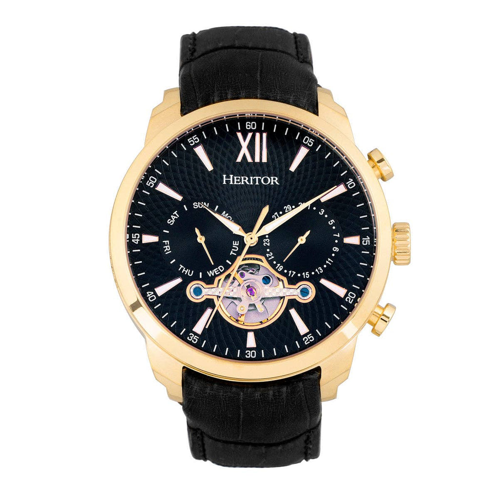 Heritor Automatic Arthur Semi-Skeleton Leather-Band Watch