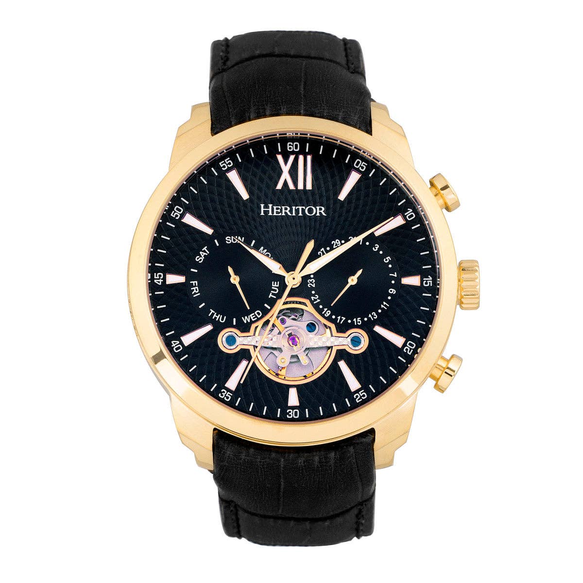 Heritor Automatic Arthur Semi-Skeleton Leather-Band Watch