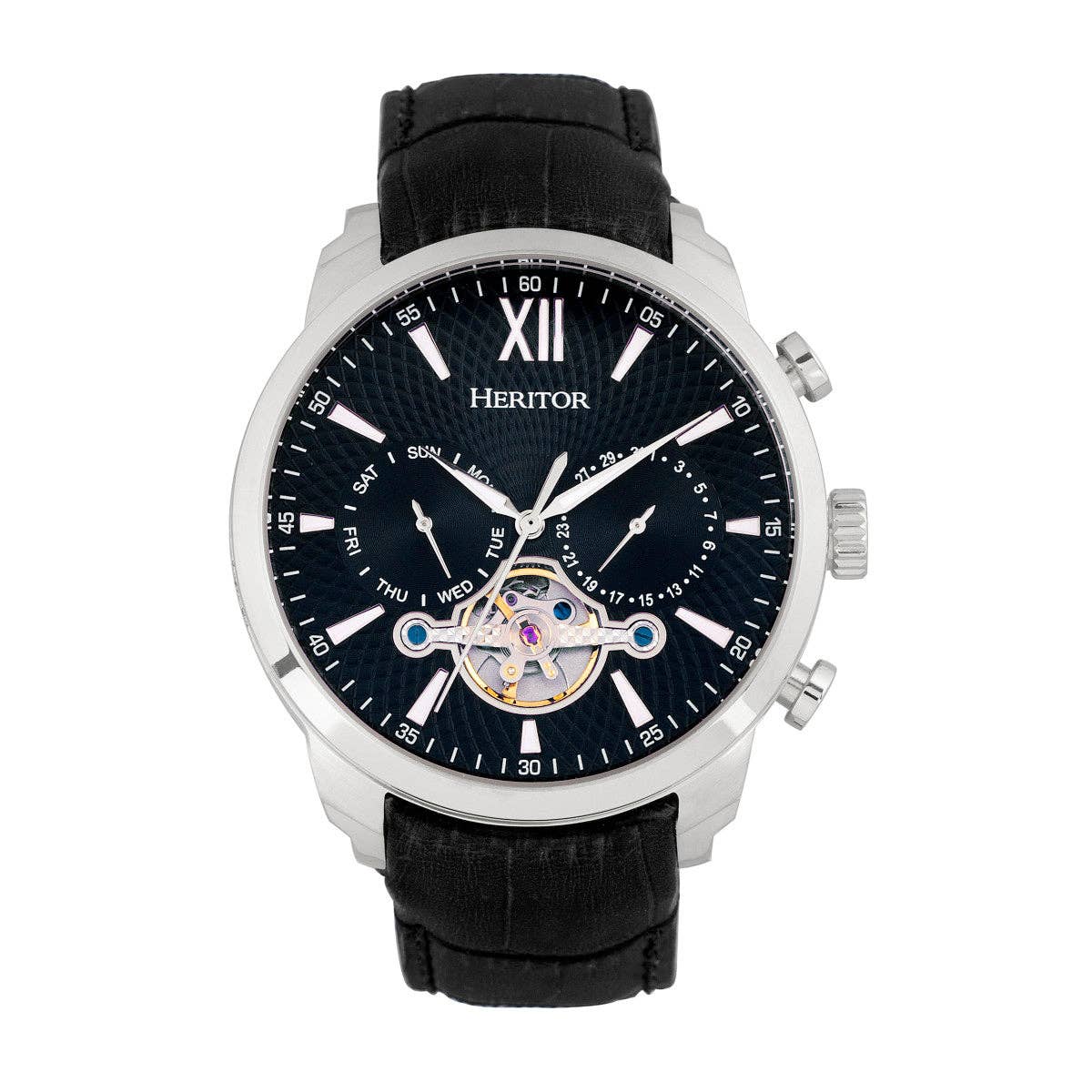 Heritor Automatic Arthur Semi-Skeleton Leather-Band Watch