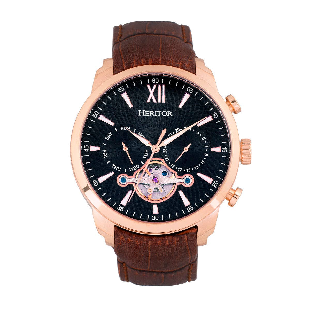 Heritor Automatic Arthur Semi-Skeleton Leather-Band Watch
