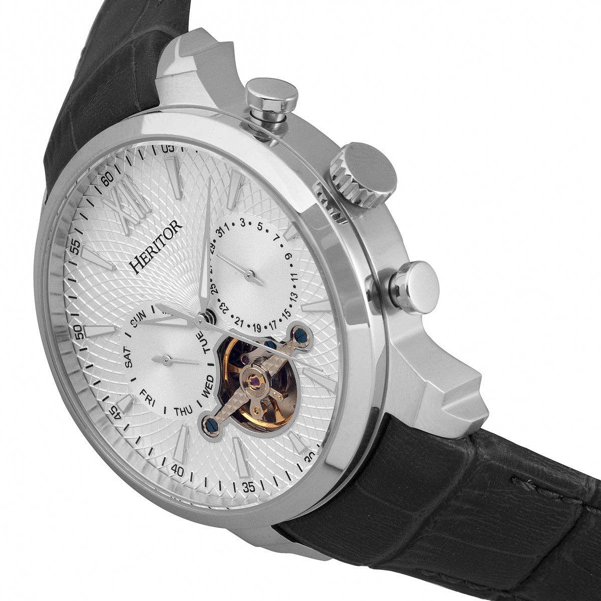 Heritor Automatic Arthur Semi-Skeleton Leather-Band Watch