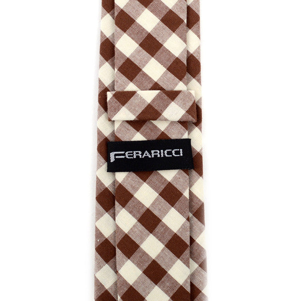 Men's Brown Beige Plaid 2.25" Cotton Slim Tie - MPPW1719