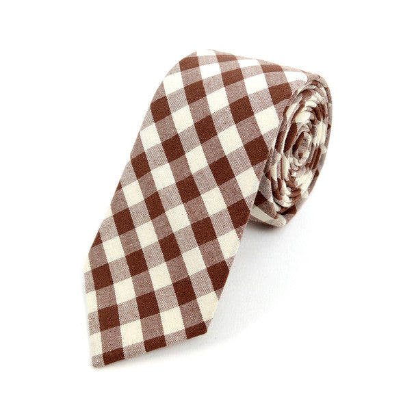 Men's Brown Beige Plaid 2.25" Cotton Slim Tie - MPPW1719