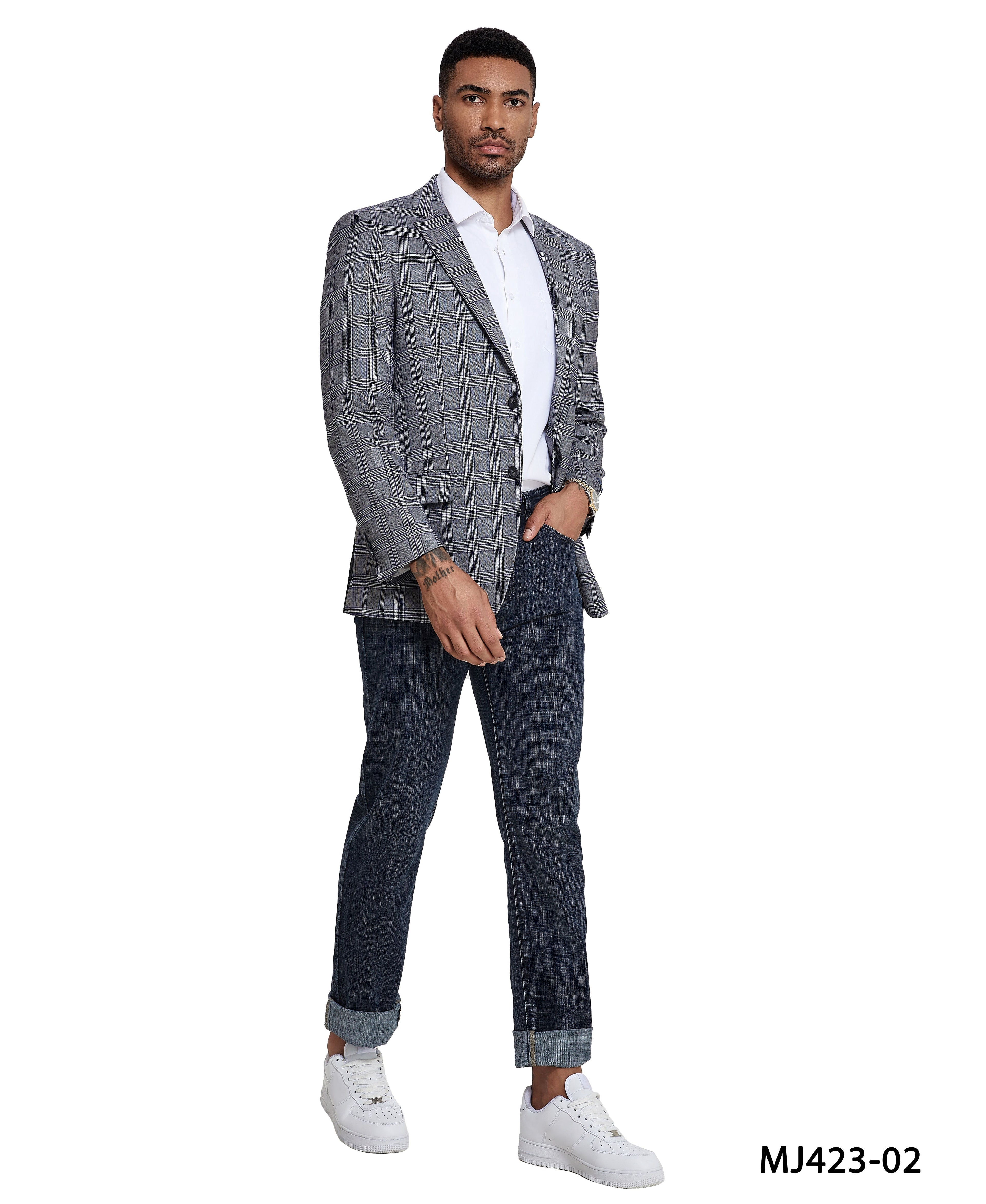 Men's Modern Fit Windowpane Sport Coat w/ Notch Lapel - Bundle Bus