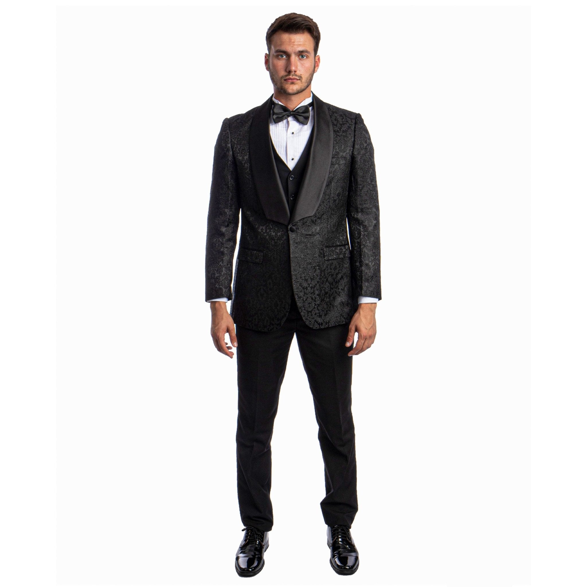 Black Men's Hybrid - Fit 3pc Paisley Suit w/ Wide Black Shawl Collar - Bundle Bus