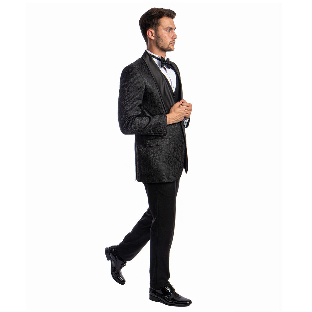 Black Men's Hybrid - Fit 3pc Paisley Suit w/ Wide Black Shawl Collar - Bundle Bus