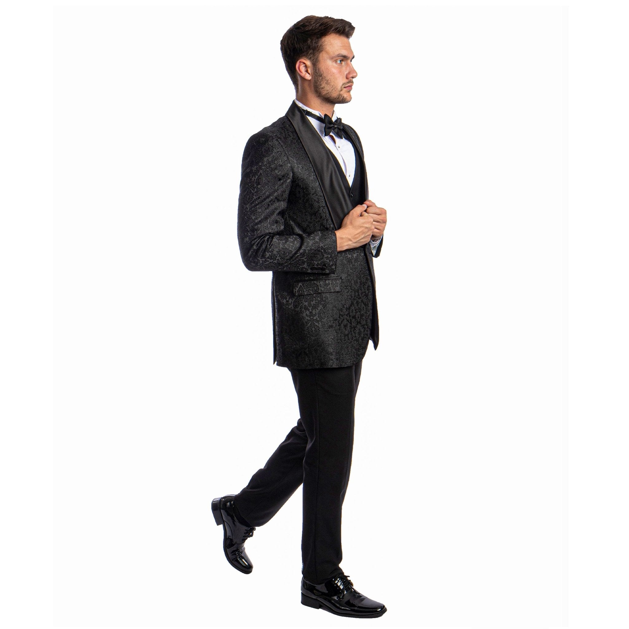 Black Men's Hybrid - Fit 3pc Paisley Suit w/ Wide Black Shawl Collar - Bundle Bus