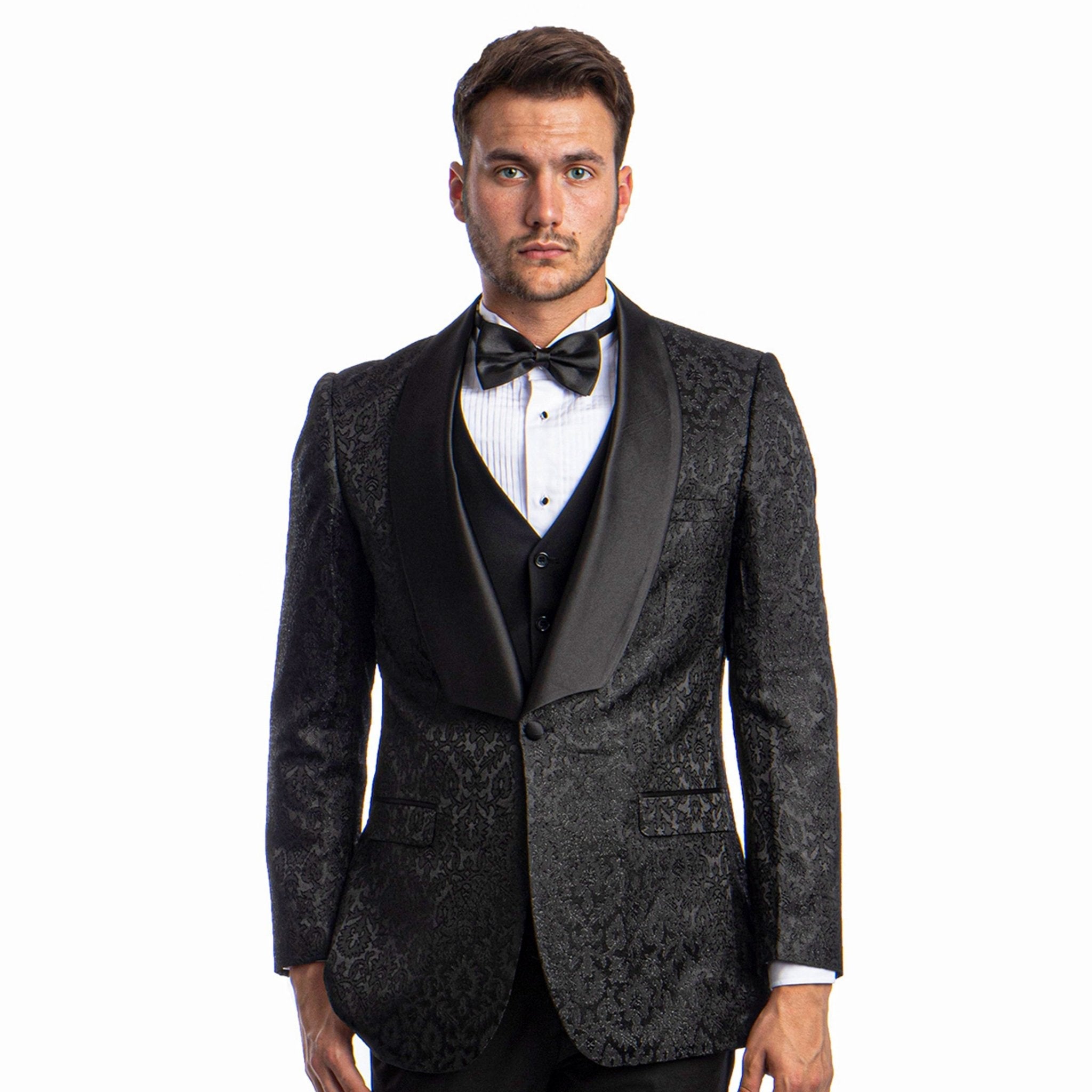 Black Men's Hybrid - Fit 3pc Paisley Suit w/ Wide Black Shawl Collar - Bundle Bus