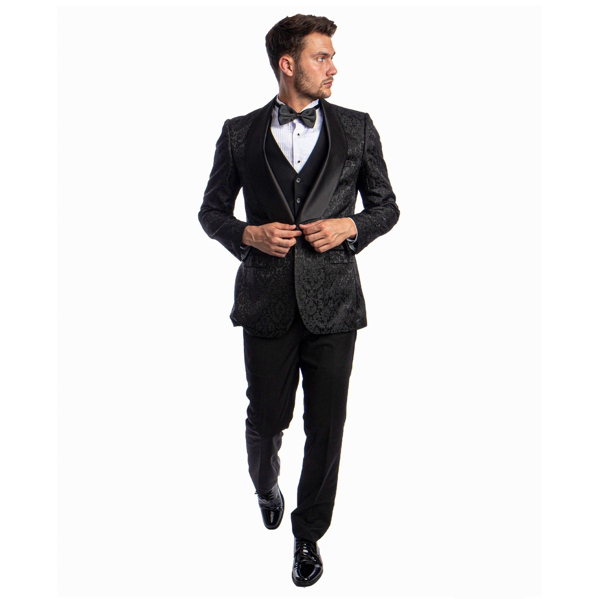 Black Men's Hybrid - Fit 3pc Paisley Suit w/ Wide Black Shawl Collar - Bundle Bus