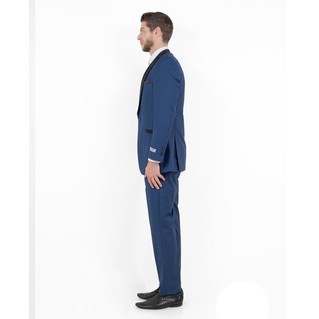 Blue / Black Solid with Black Shawl Collar Trim 2 - PC Slim Fit Suits - Bundle Bus