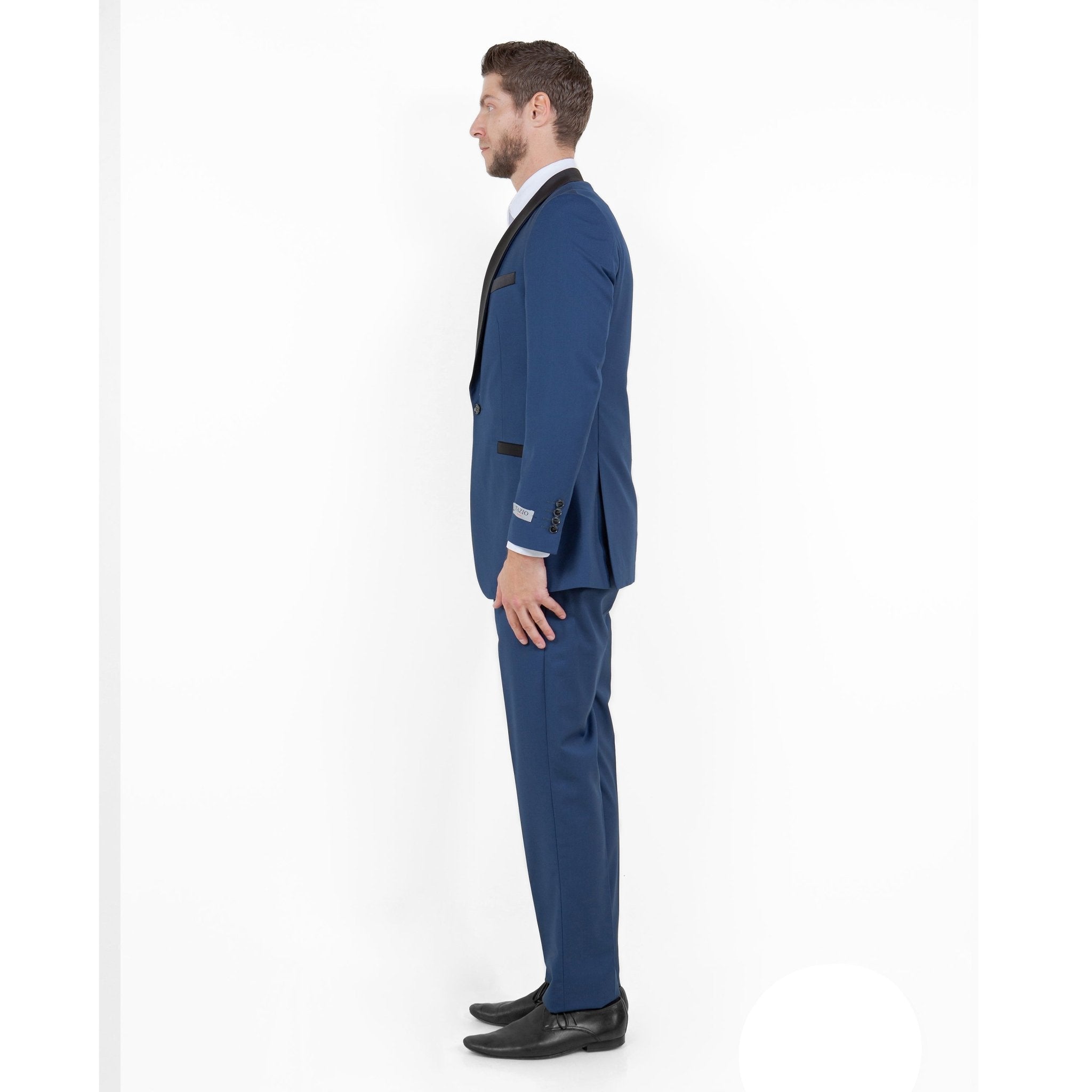 Blue / Black Solid with Black Shawl Collar Trim 2 - PC Slim Fit Suits - Bundle Bus
