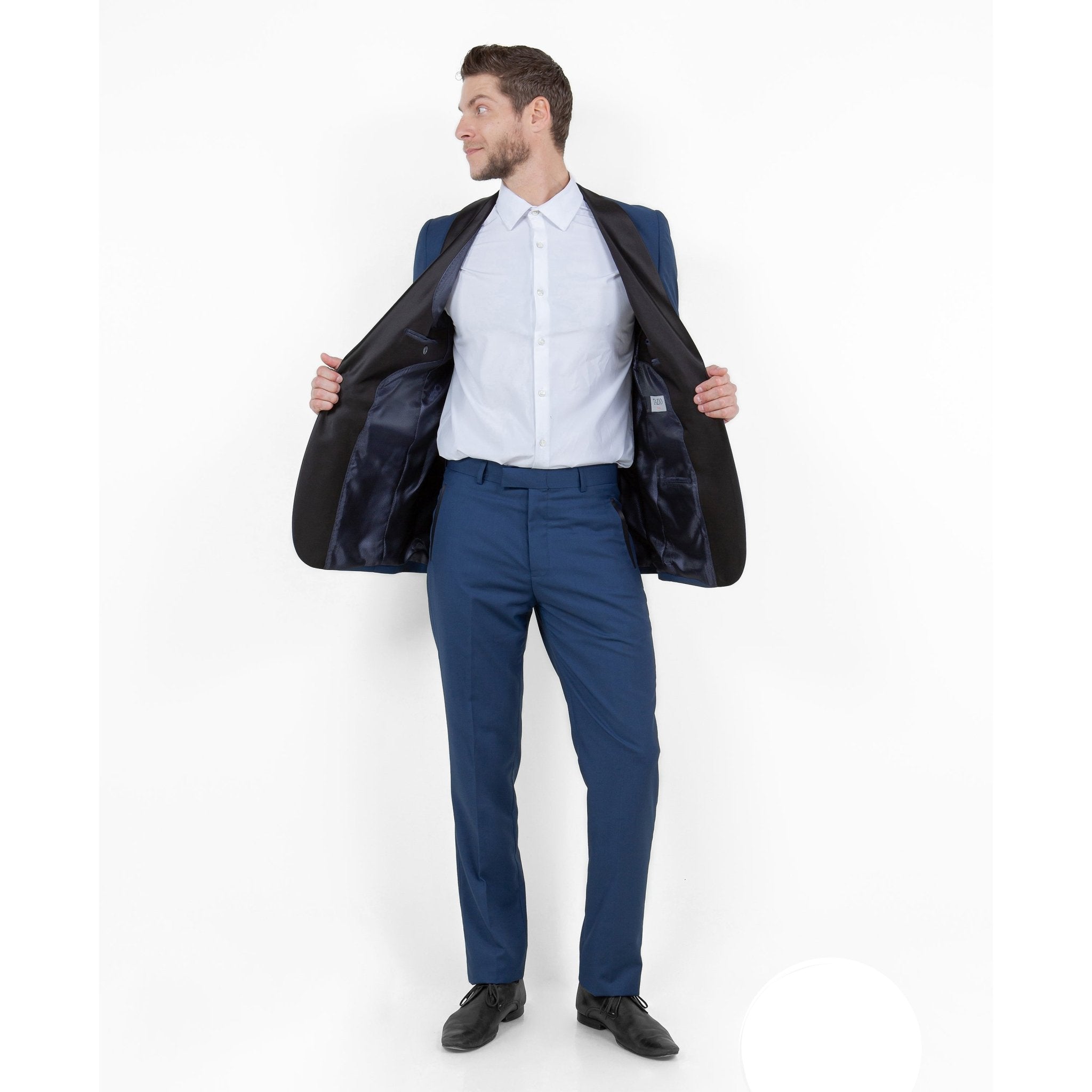 Blue / Black Solid with Black Shawl Collar Trim 2 - PC Slim Fit Suits - Bundle Bus