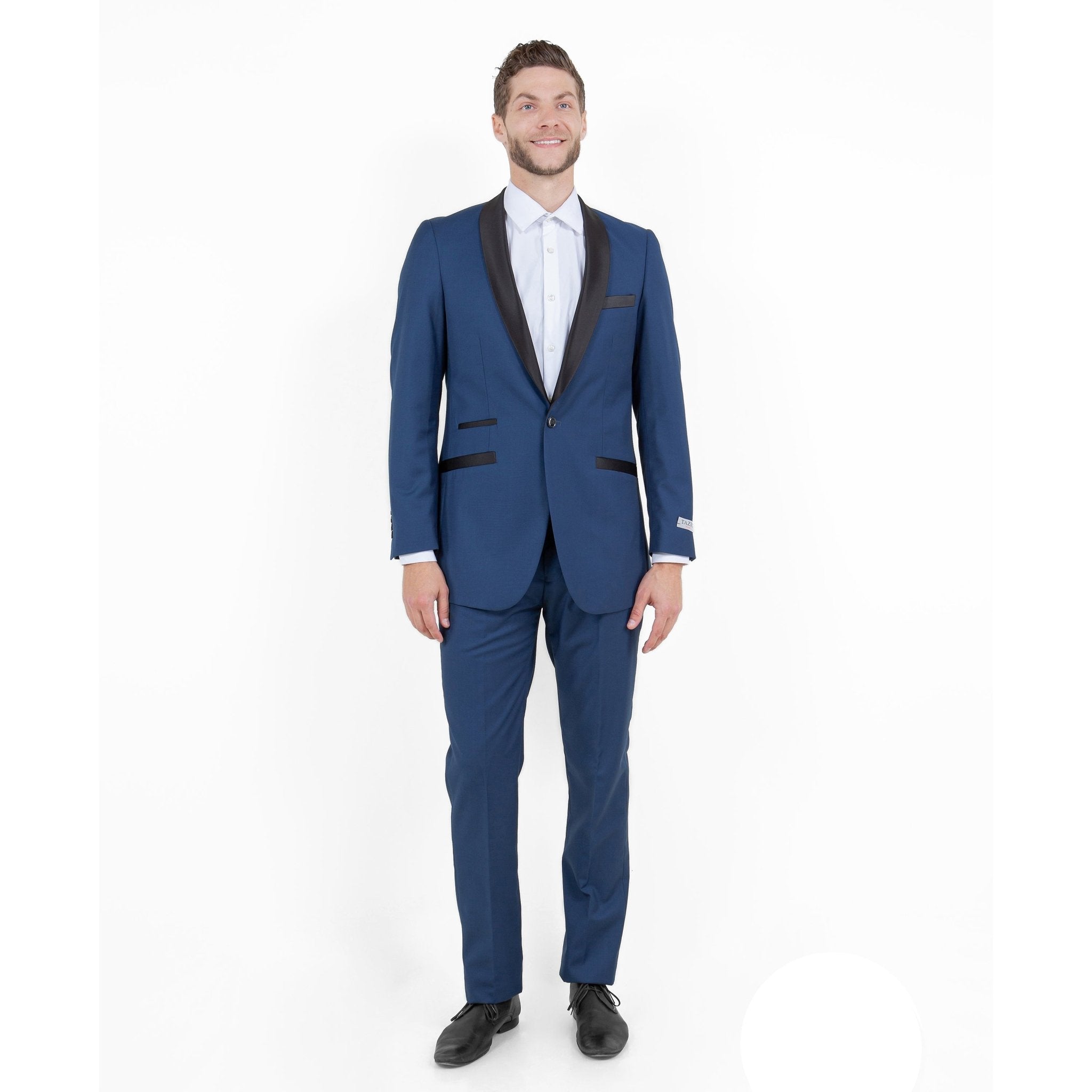 Blue / Black Solid with Black Shawl Collar Trim 2 - PC Slim Fit Suits - Bundle Bus