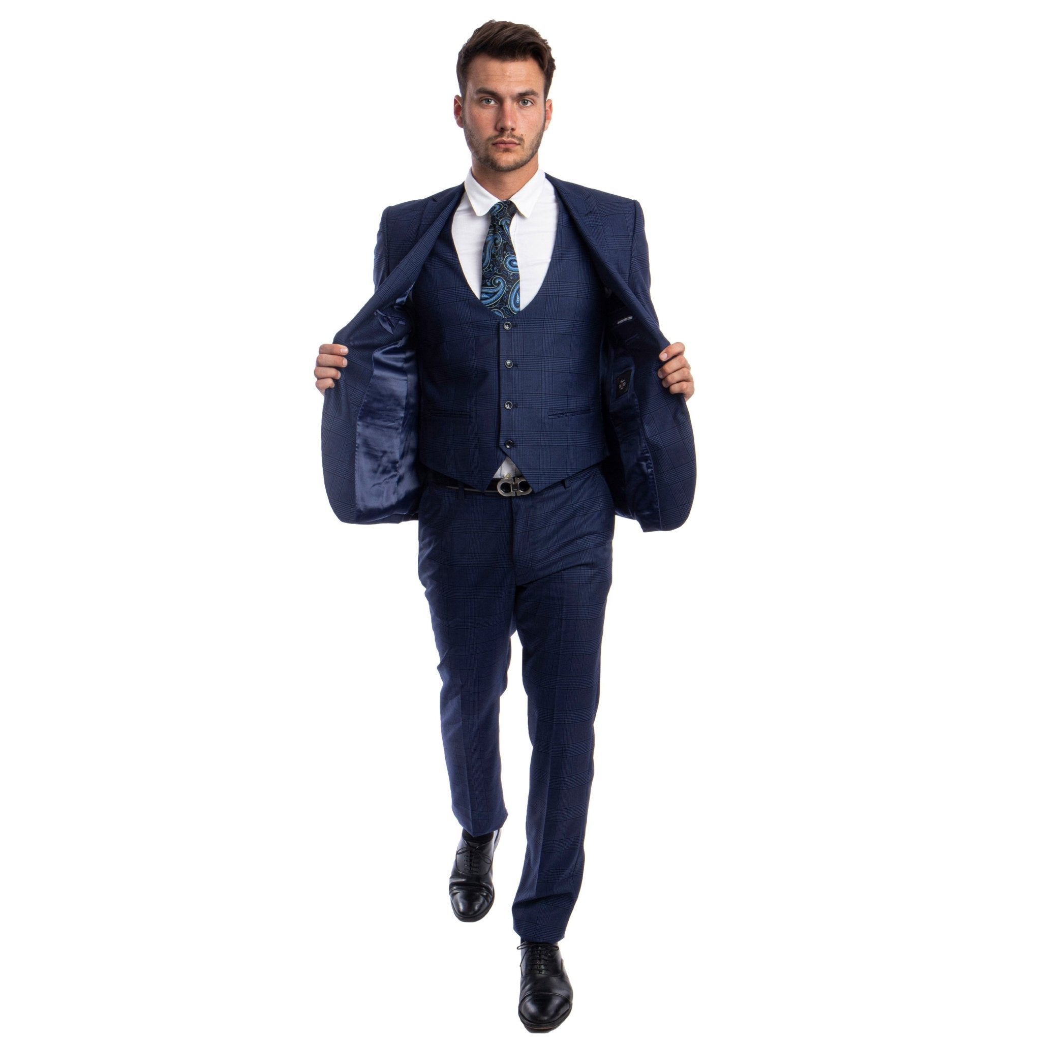 Blue Men's Ultra Slim - Fit 3 - Piece Glen Check Suit - Bundle Bus