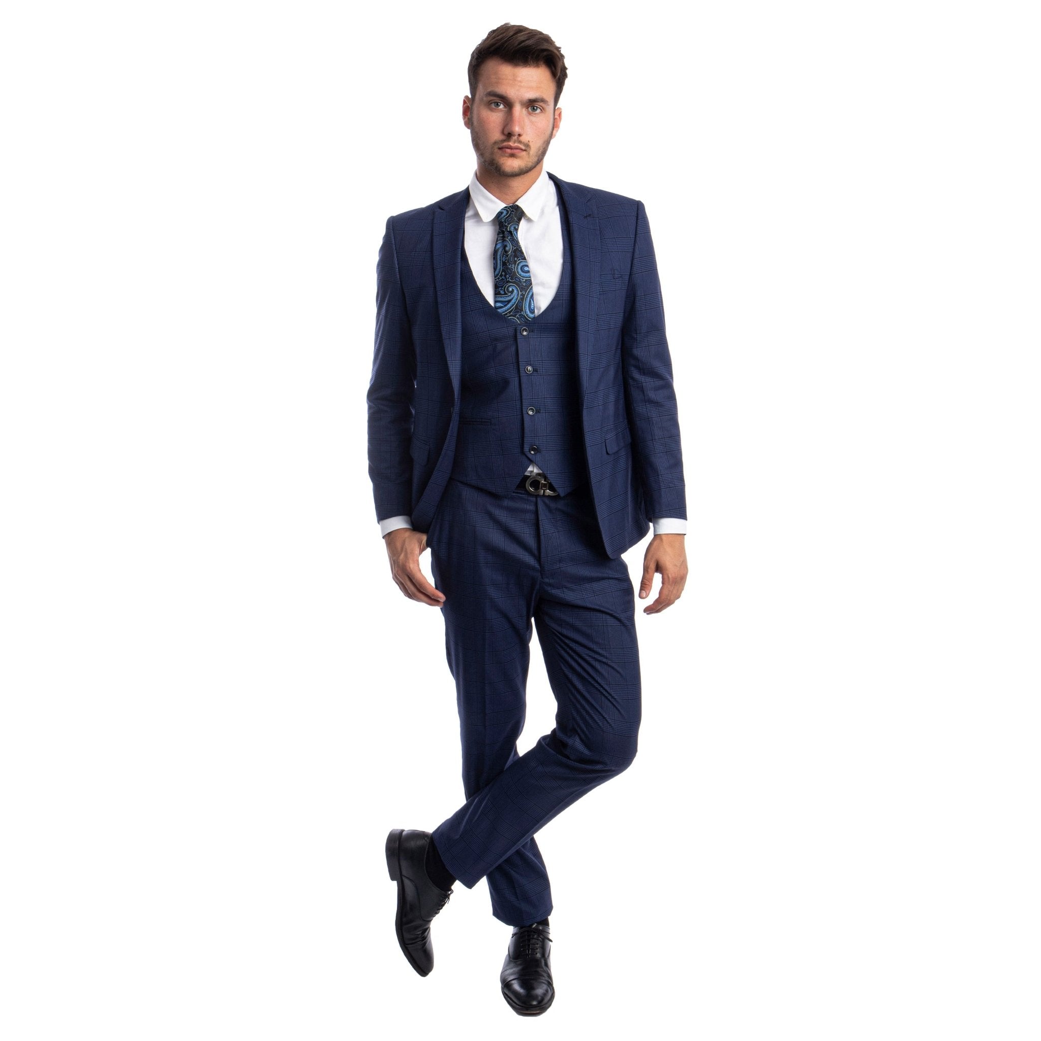 Blue Men's Ultra Slim - Fit 3 - Piece Glen Check Suit - Bundle Bus