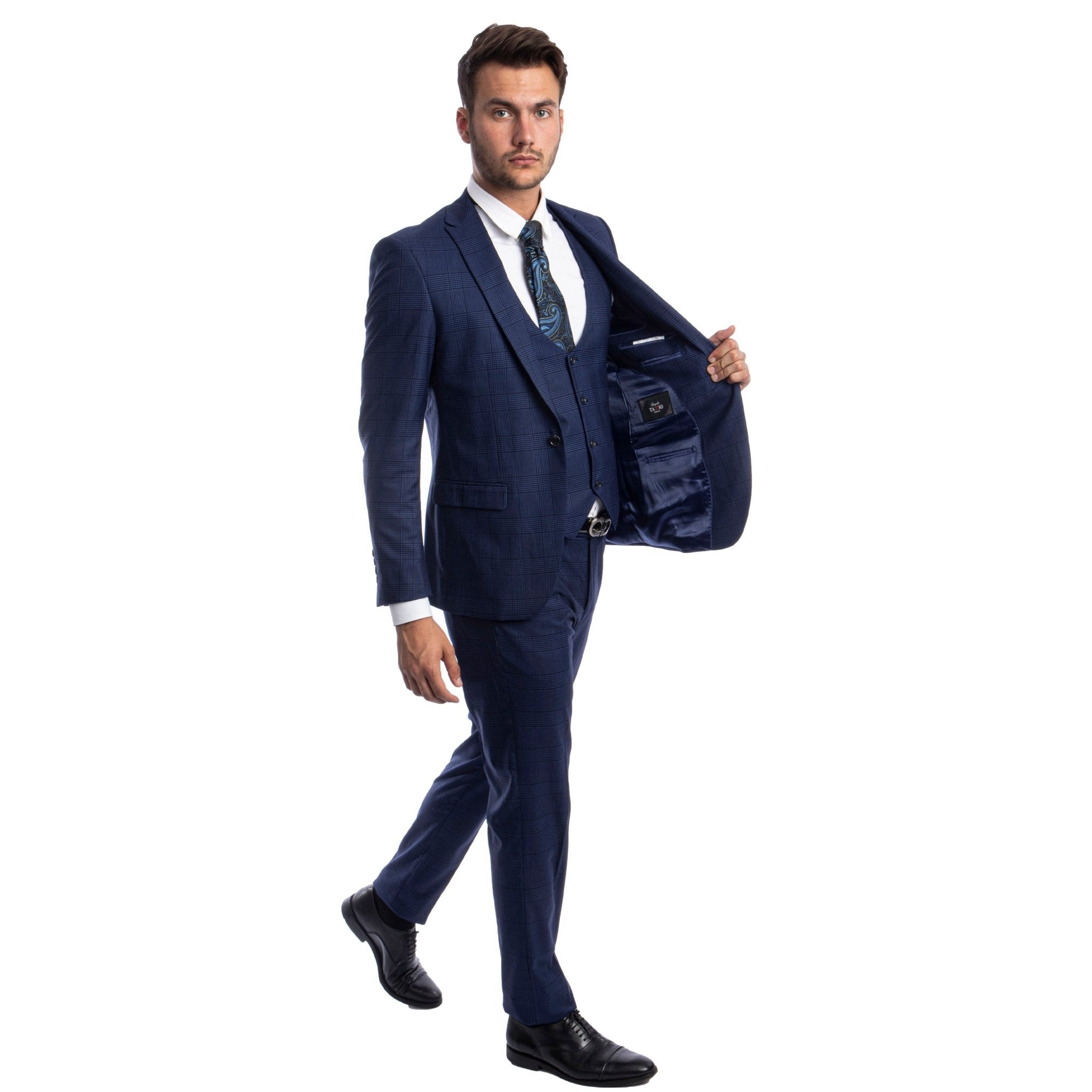 Blue Men's Ultra Slim - Fit 3 - Piece Glen Check Suit - Bundle Bus