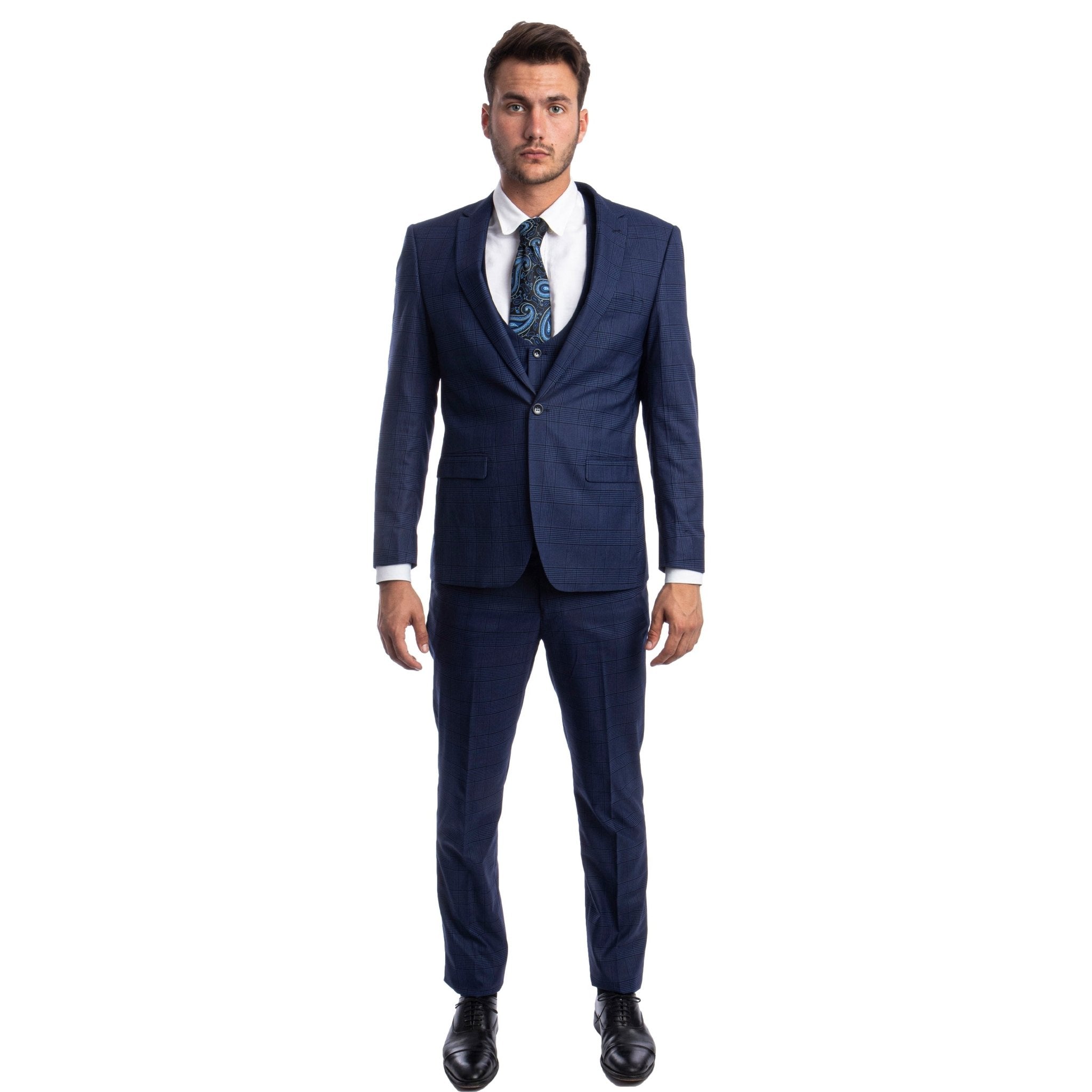 Blue Men's Ultra Slim - Fit 3 - Piece Glen Check Suit - Bundle Bus