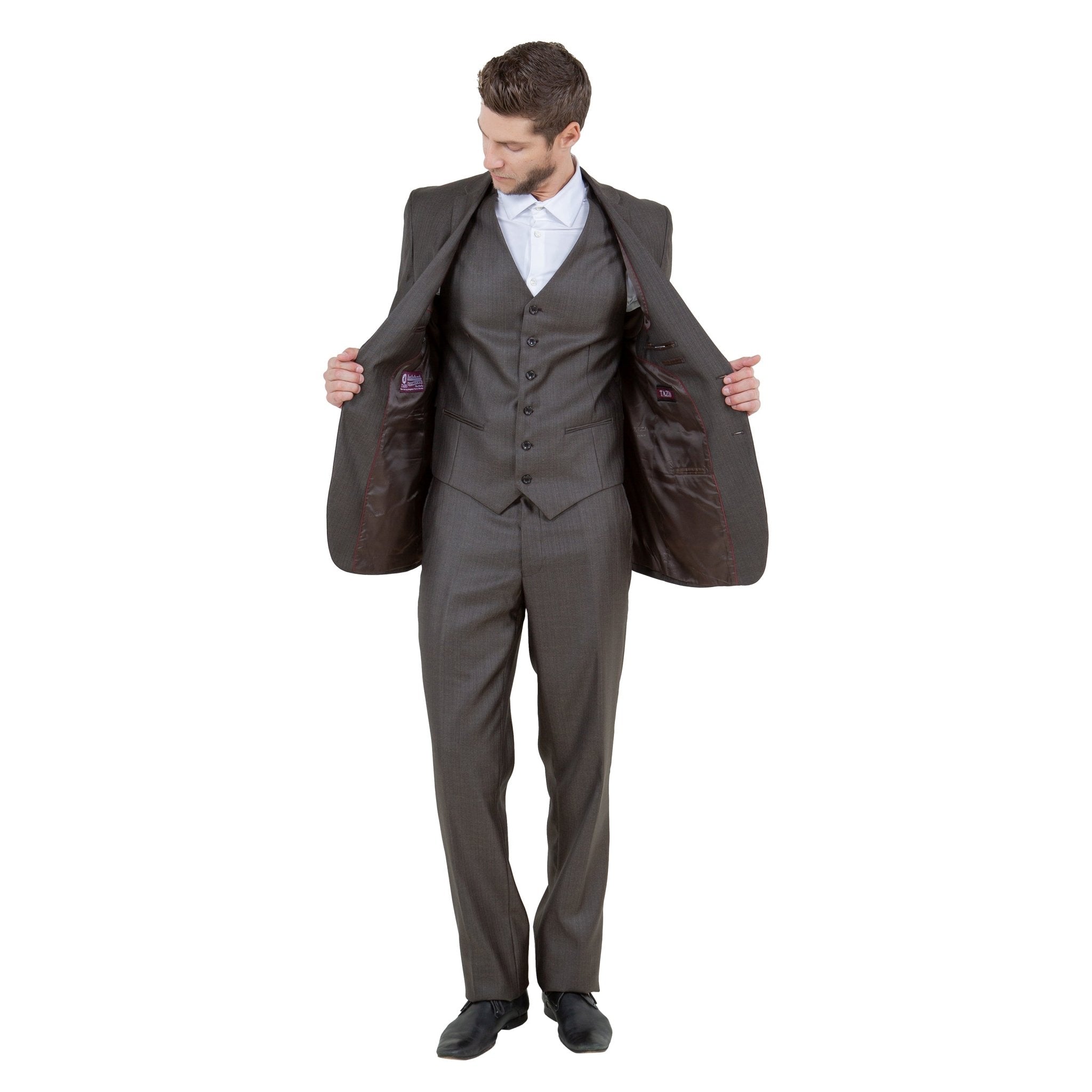 Brown Solid Shiny Sharkskin 3 - PC Regular Modern Fit Suits - Bundle Bus