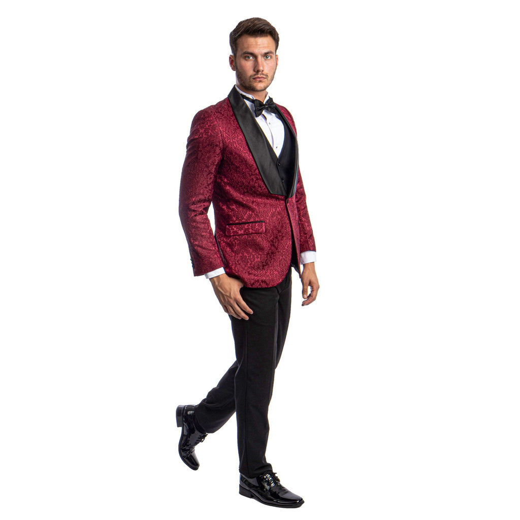 Burgundy Men's Hybrid - Fit 3pc Paisley Suit w/ Wide Black Shawl Collar - Bundle Bus
