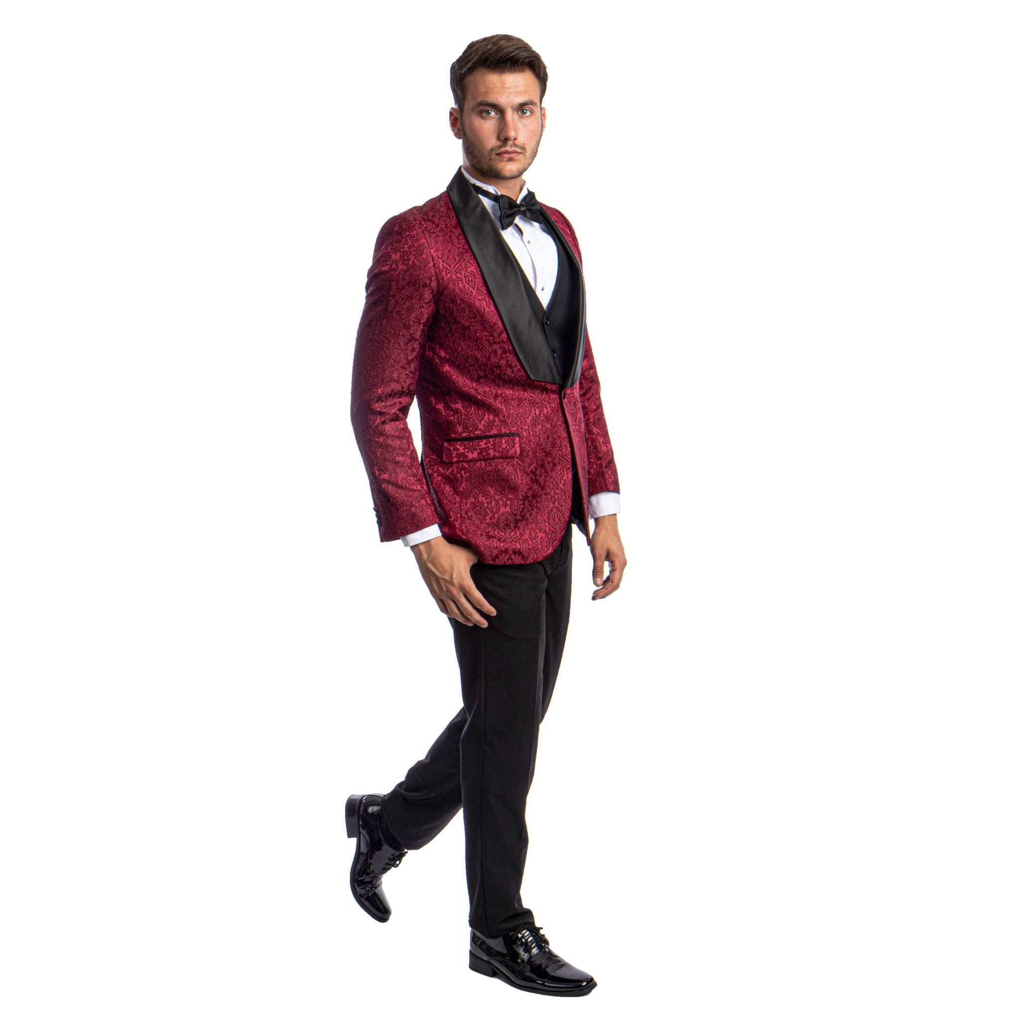 Burgundy Men's Hybrid - Fit 3pc Paisley Suit w/ Wide Black Shawl Collar - Bundle Bus
