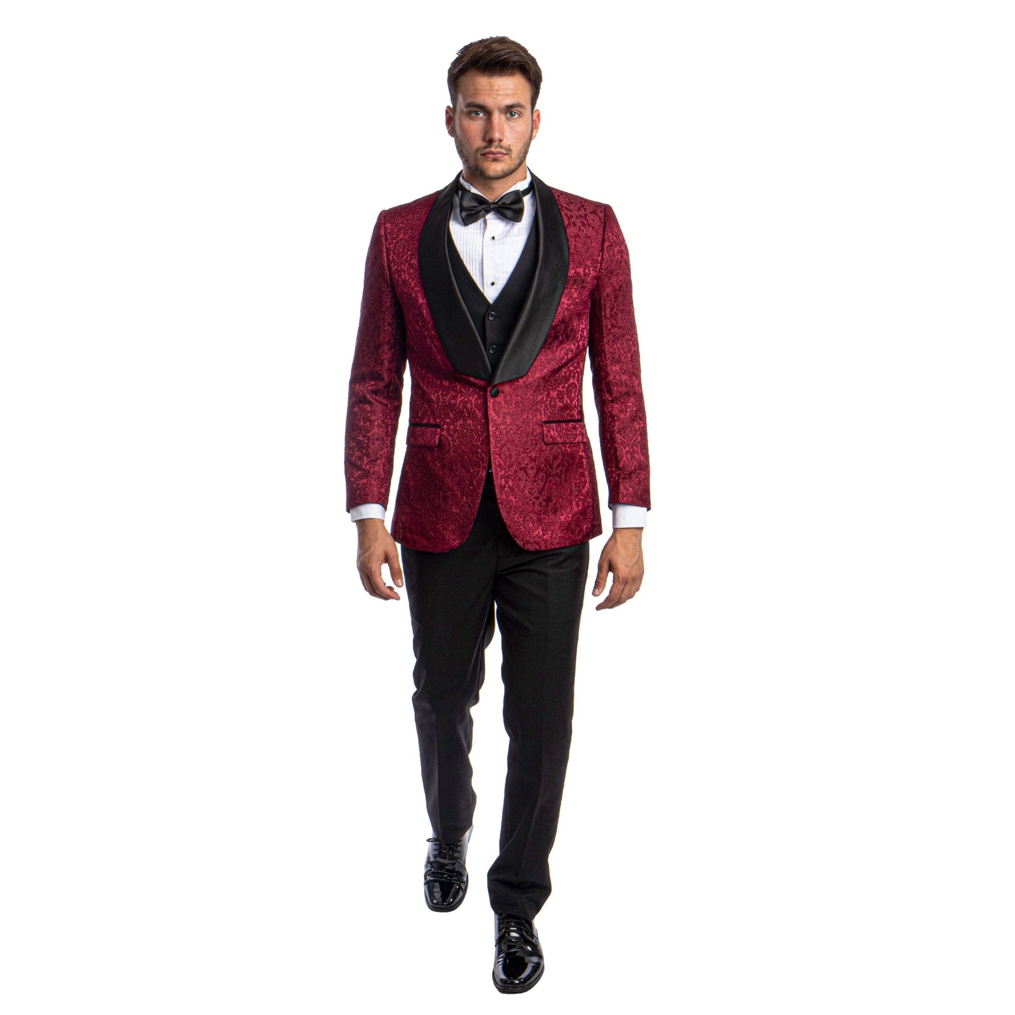 Burgundy Men's Hybrid - Fit 3pc Paisley Suit w/ Wide Black Shawl Collar - Bundle Bus