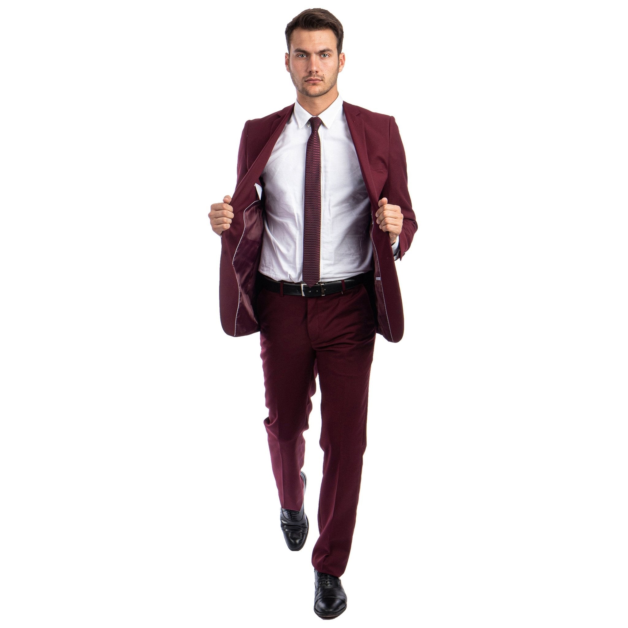 Burgundy Men's Hybrid - Fit 3pc Paisley Suit w/ Wide Black Shawl Collar - Bundle Bus