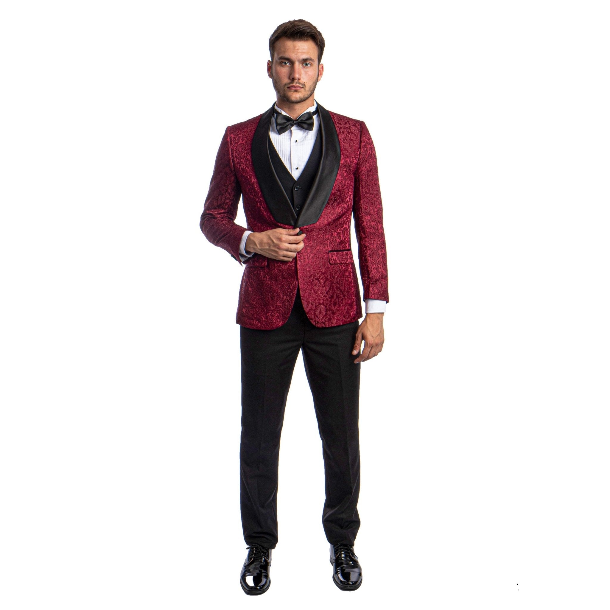 Burgundy Men's Hybrid - Fit 3pc Paisley Suit w/ Wide Black Shawl Collar - Bundle Bus