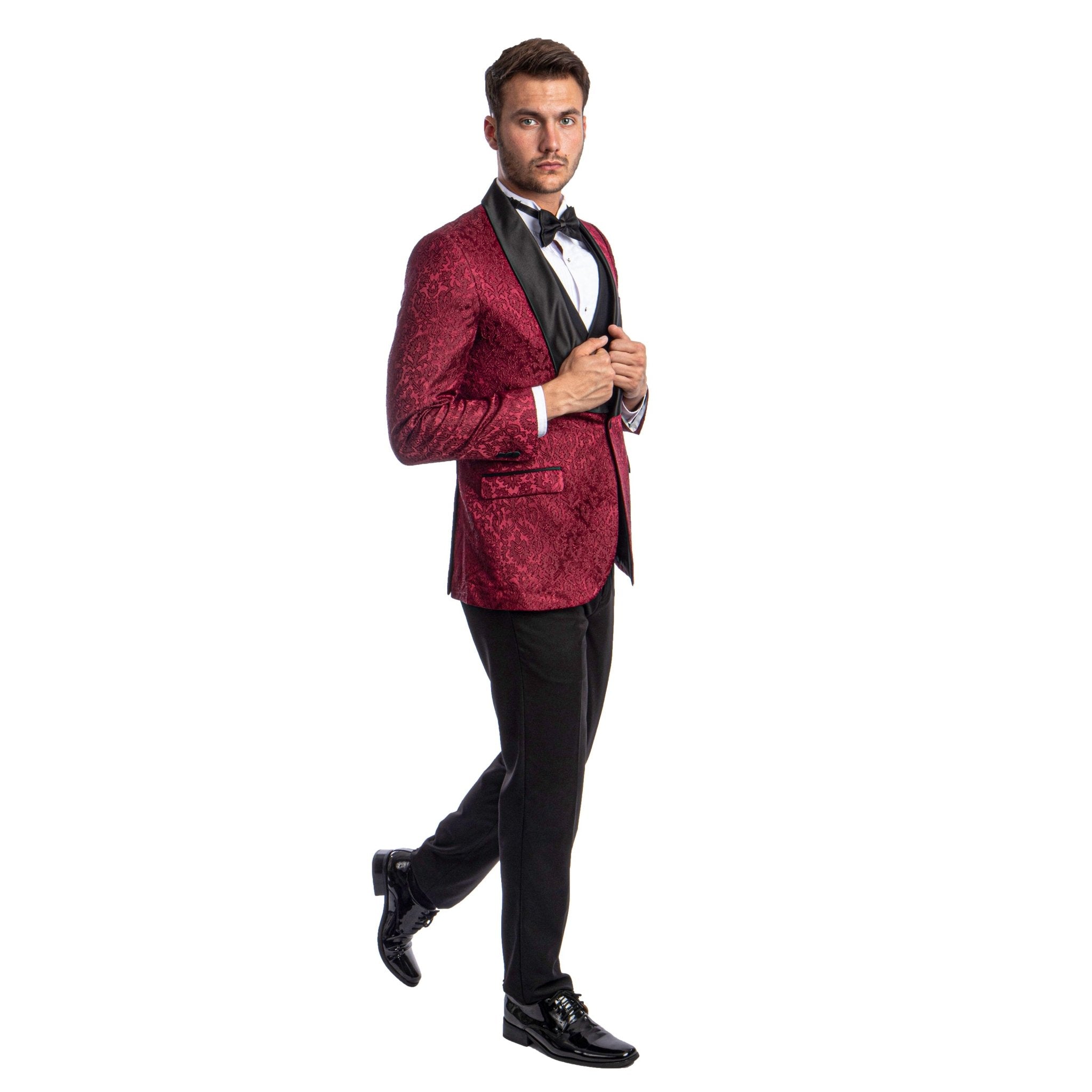 Burgundy Men's Hybrid - Fit 3pc Paisley Suit w/ Wide Black Shawl Collar - Bundle Bus