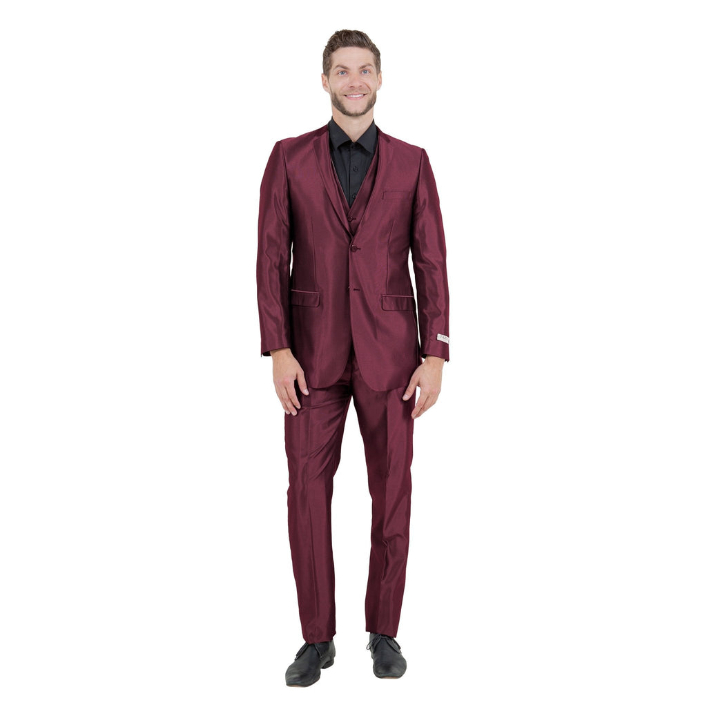 Burgundy Men's Sharskin Slim - Fit 3 - Piece Suit - Bundle Bus