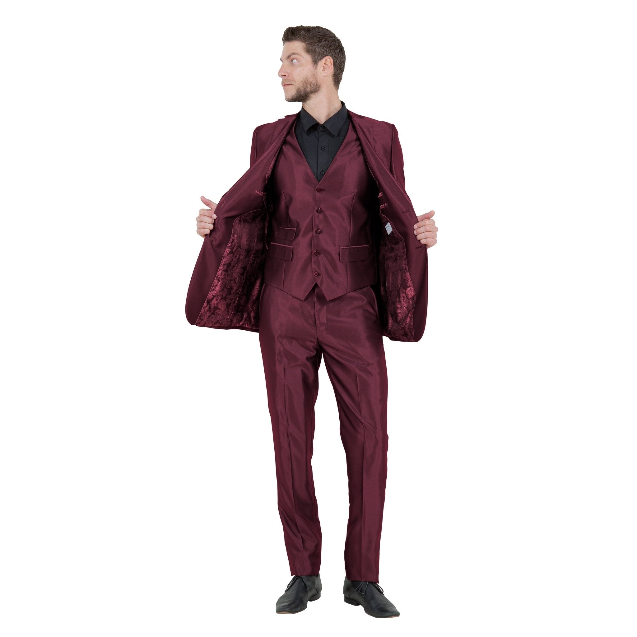 Burgundy Men's Sharskin Slim - Fit 3 - Piece Suit - Bundle Bus