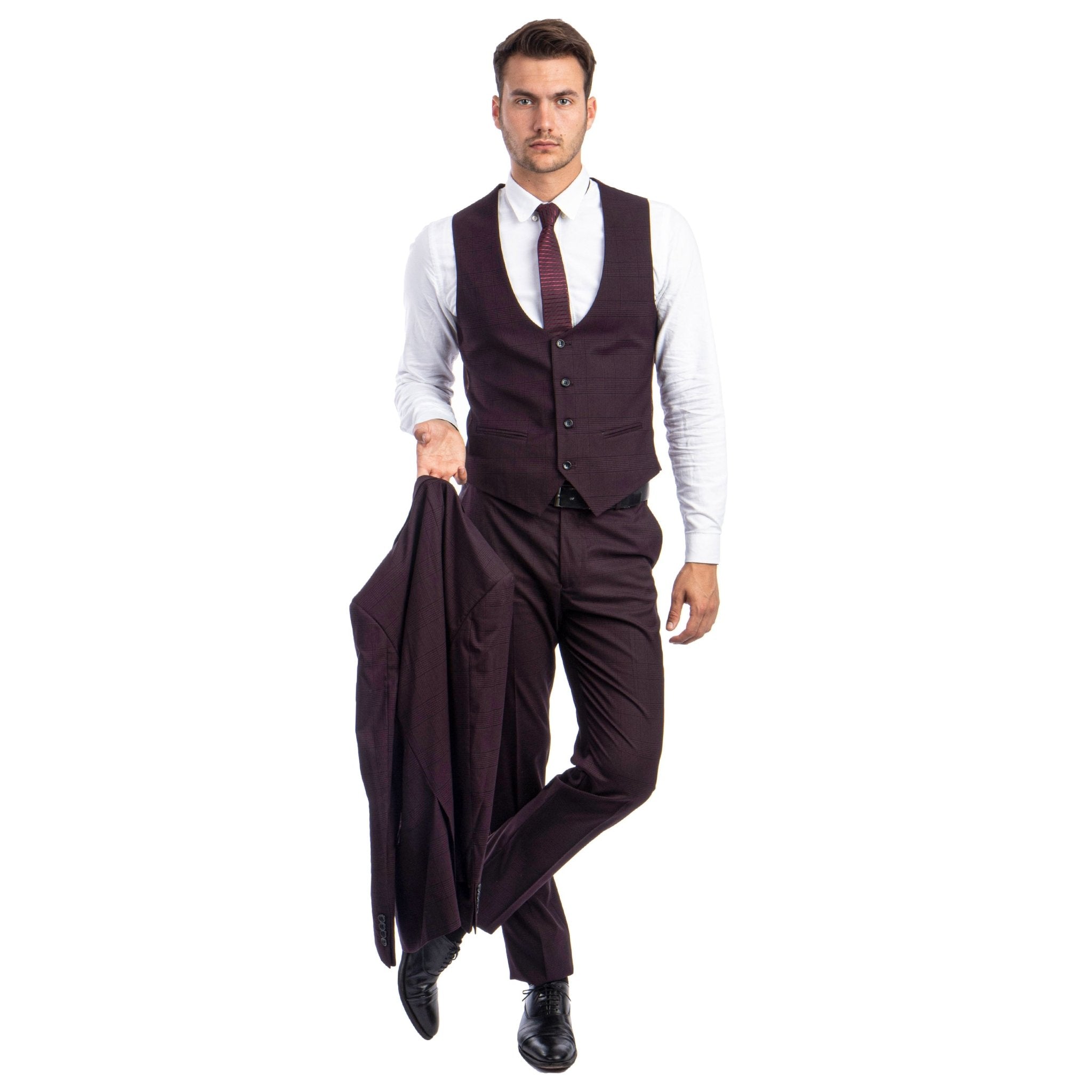 Burgundy Men's Ultra Slim - Fit 3 - Piece Glen Check Suit - Bundle Bus