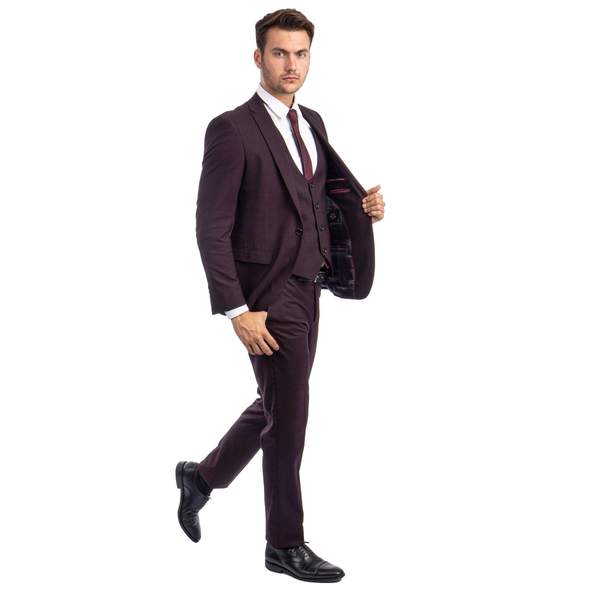 Burgundy Men's Ultra Slim - Fit 3 - Piece Glen Check Suit - Bundle Bus