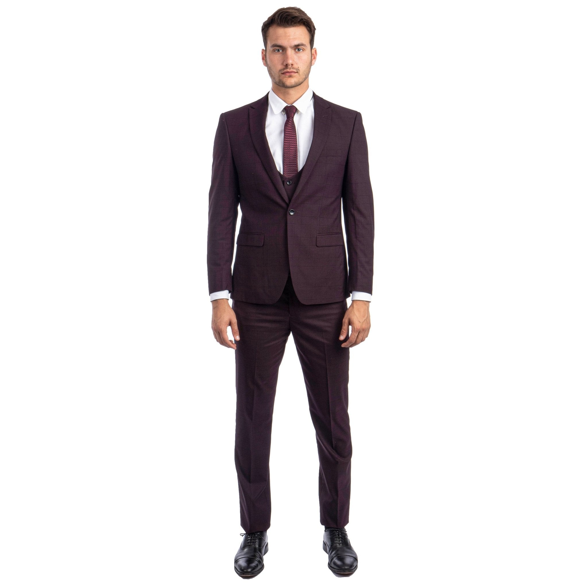 Burgundy Men's Ultra Slim - Fit 3 - Piece Glen Check Suit - Bundle Bus