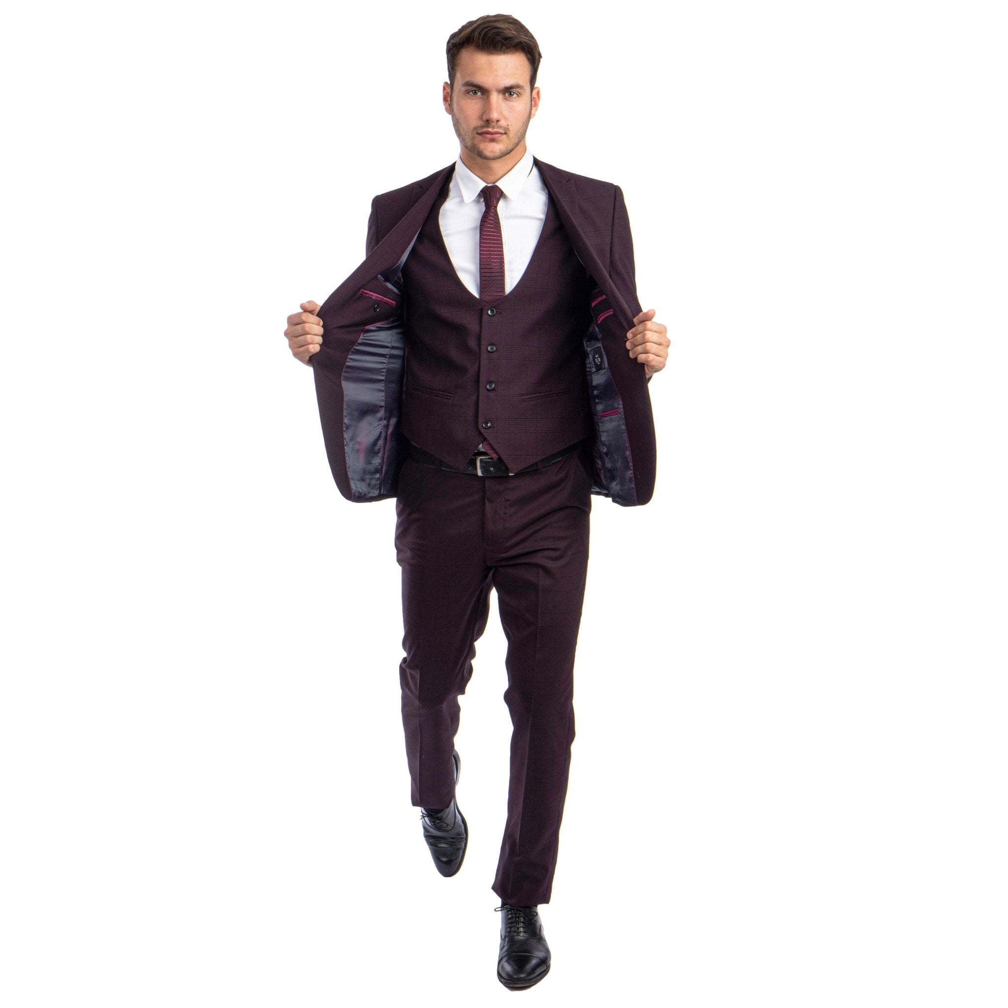 Burgundy Men's Ultra Slim - Fit 3 - Piece Glen Check Suit - Bundle Bus