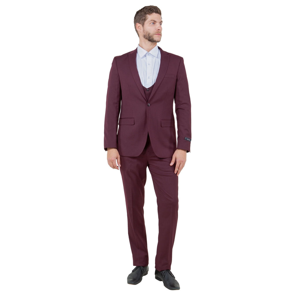 Burgundy Men's Ultra Slim - Fit 3pc Suit w/ Expandable Waistband - Bundle Bus