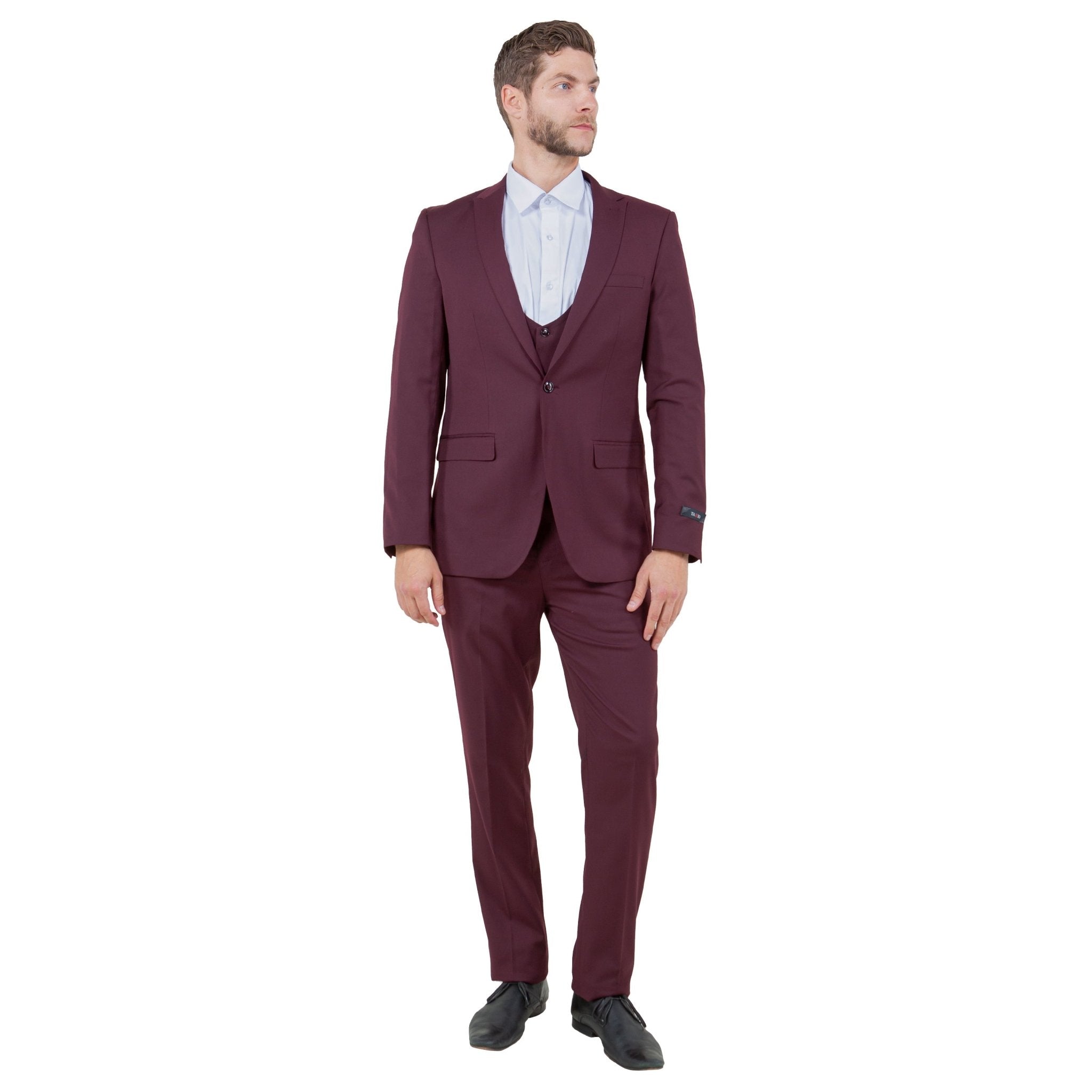 Burgundy Men's Ultra Slim - Fit 3pc Suit w/ Expandable Waistband - Bundle Bus
