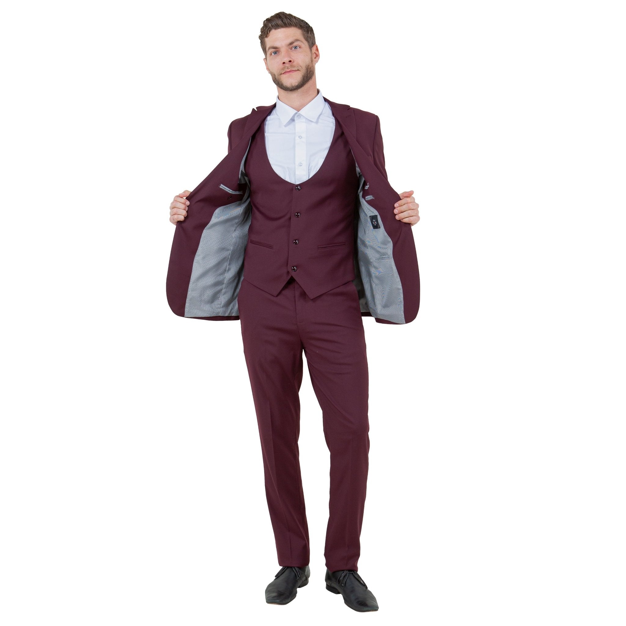 Burgundy Men's Ultra Slim - Fit 3pc Suit w/ Expandable Waistband - Bundle Bus