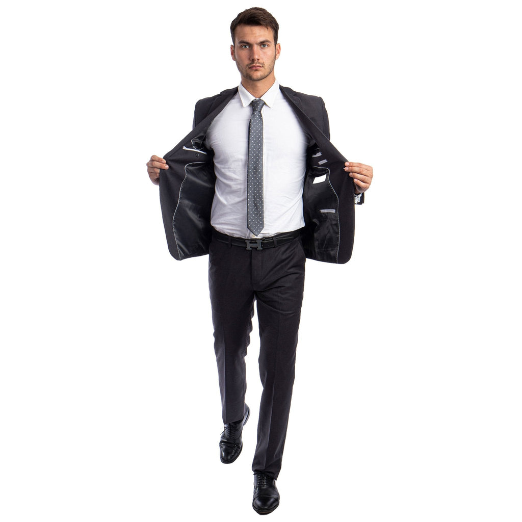 Charcoal Grey Men's Hybrid - Fit 3pc Paisley Suit w/ Wide Black Shawl Collar - Bundle Bus