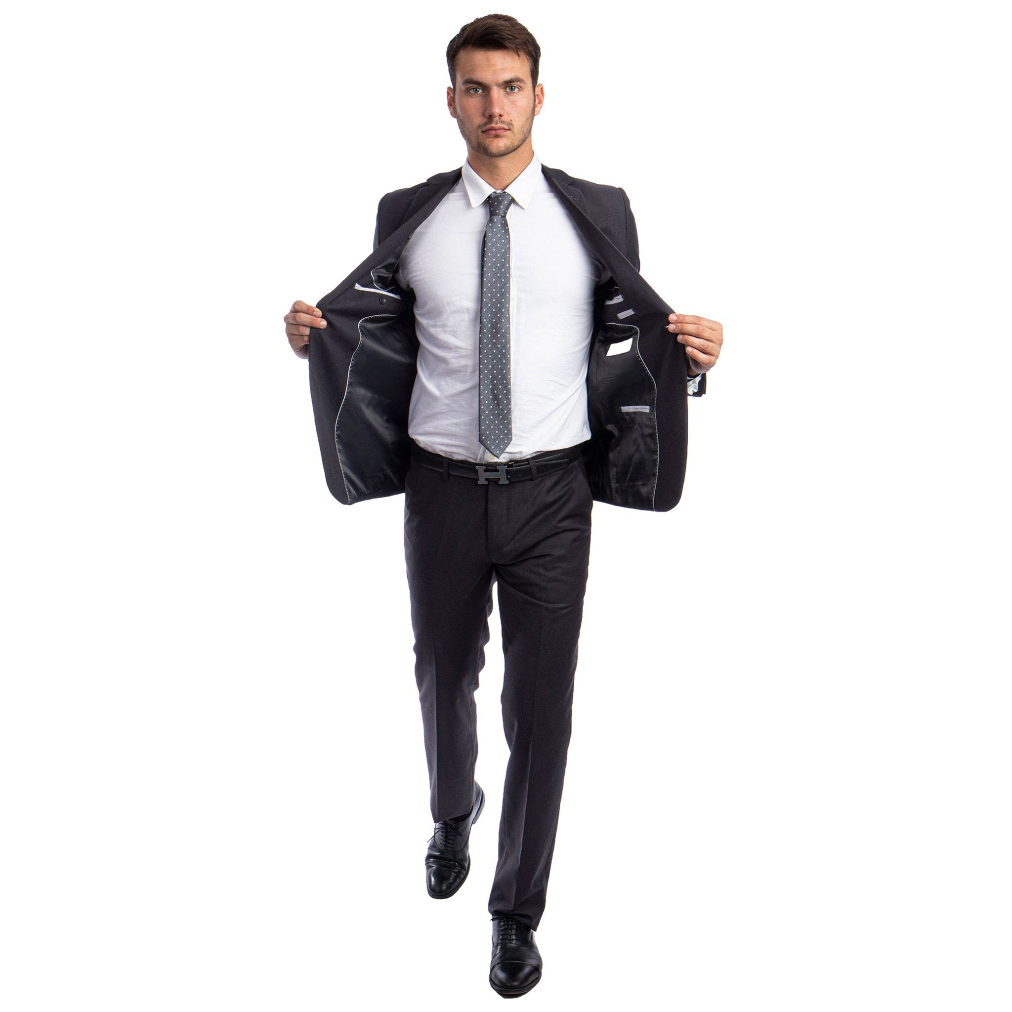 Charcoal Grey Men's Hybrid - Fit 3pc Paisley Suit w/ Wide Black Shawl Collar - Bundle Bus
