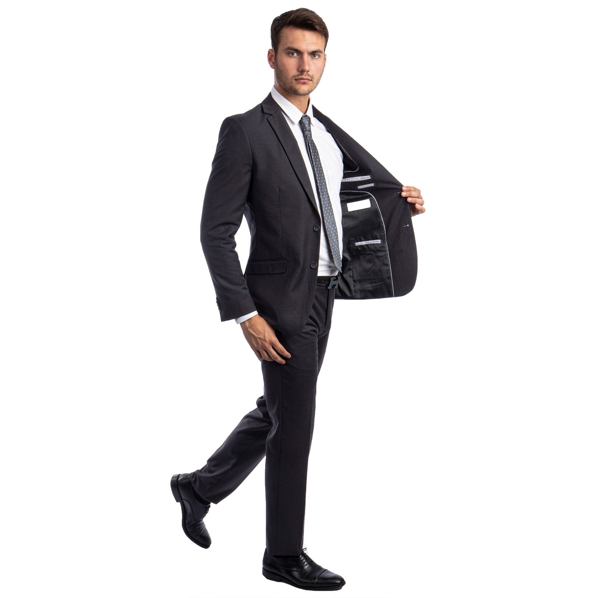 Charcoal Grey Men's Hybrid - Fit 3pc Paisley Suit w/ Wide Black Shawl Collar - Bundle Bus
