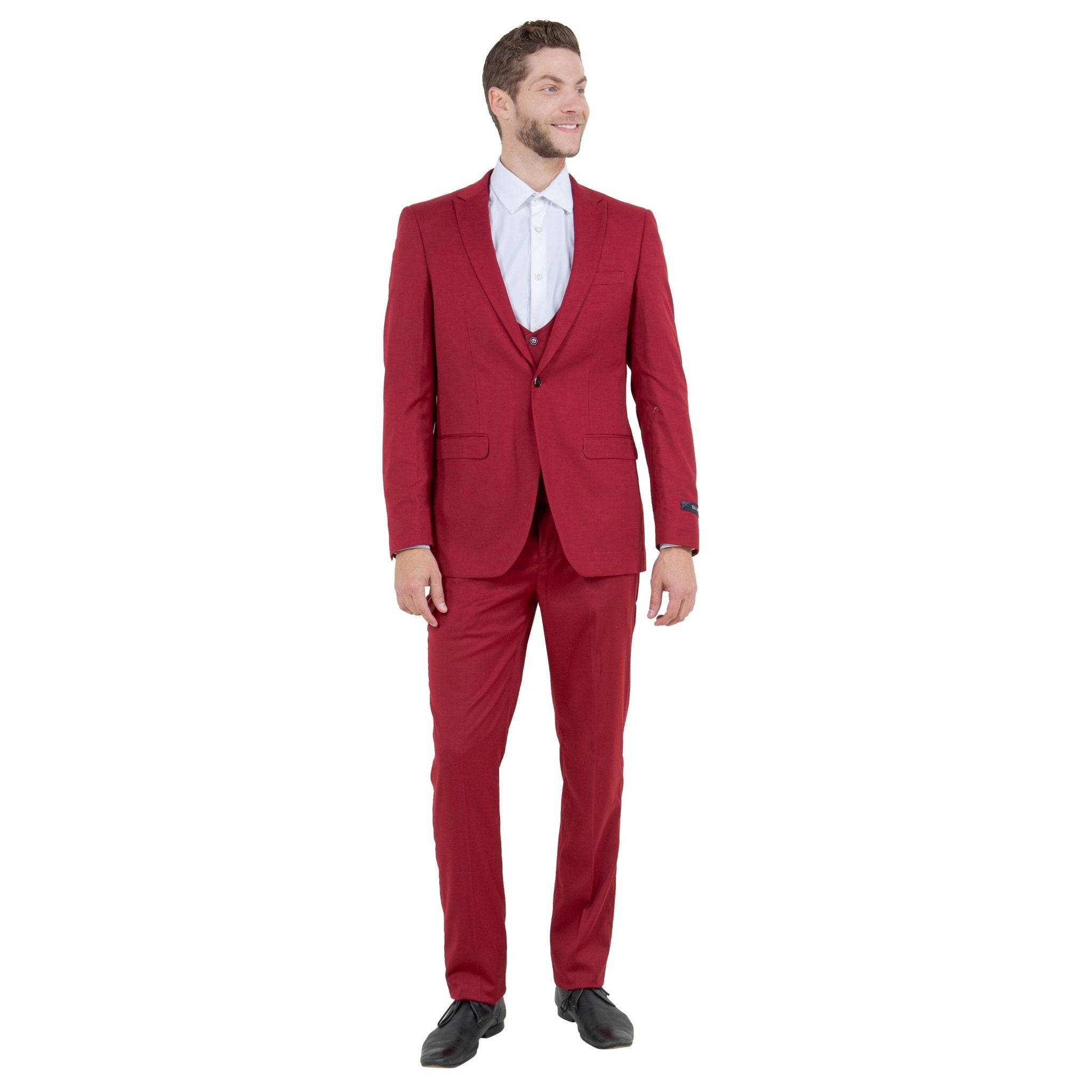 Cherry Red Men's Ultra Slim - Fit 3pc Suit w/ Expandable Waistband - Bundle Bus