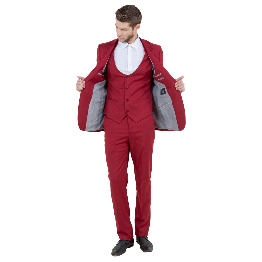 Cherry Red Men's Ultra Slim - Fit 3pc Suit w/ Expandable Waistband - Bundle Bus