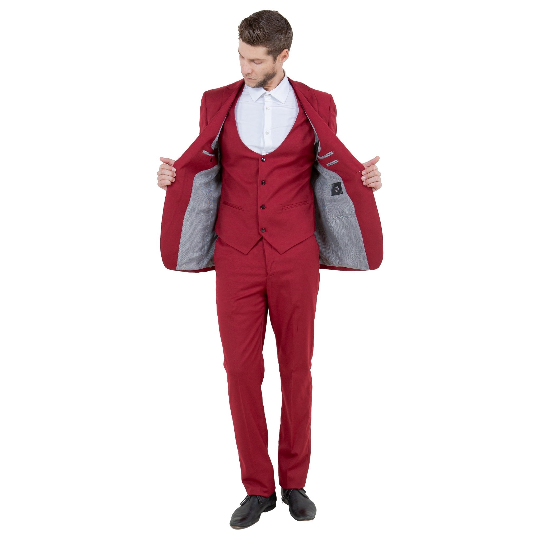 Cherry Red Men's Ultra Slim - Fit 3pc Suit w/ Expandable Waistband - Bundle Bus