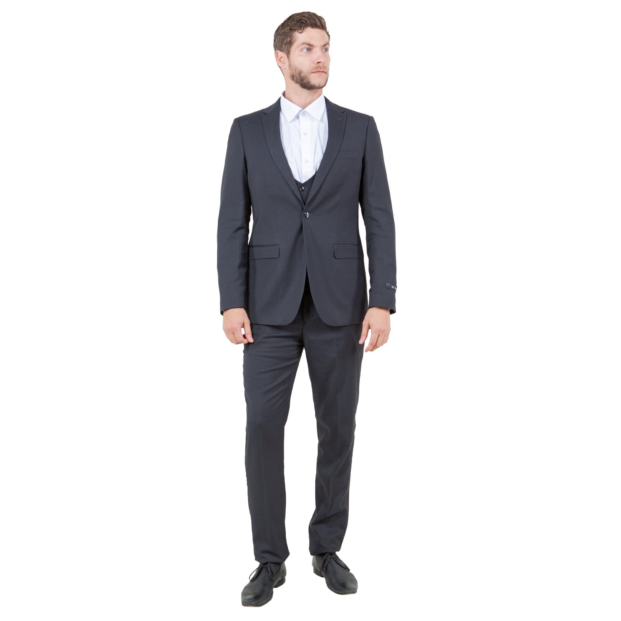Dark Grey Men's Ultra Slim - Fit 3pc Suit w/ Expandable Waistband - Bundle Bus