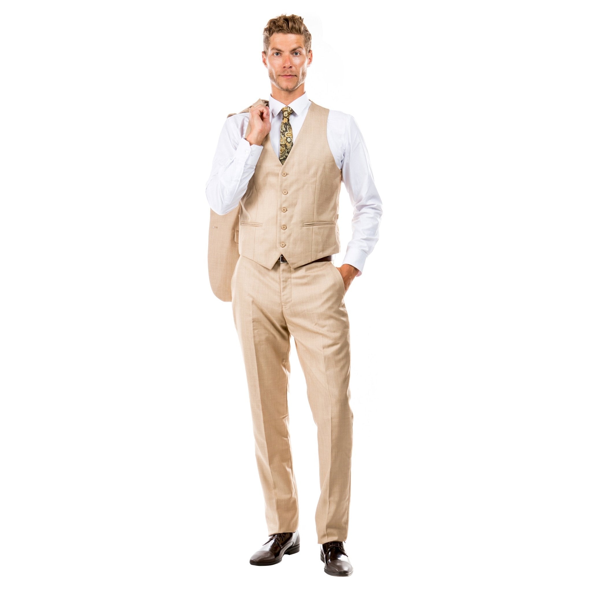 Dark Tan Men's Slim - Fit 3 - Piece Sharkskin Suit - Bundle Bus