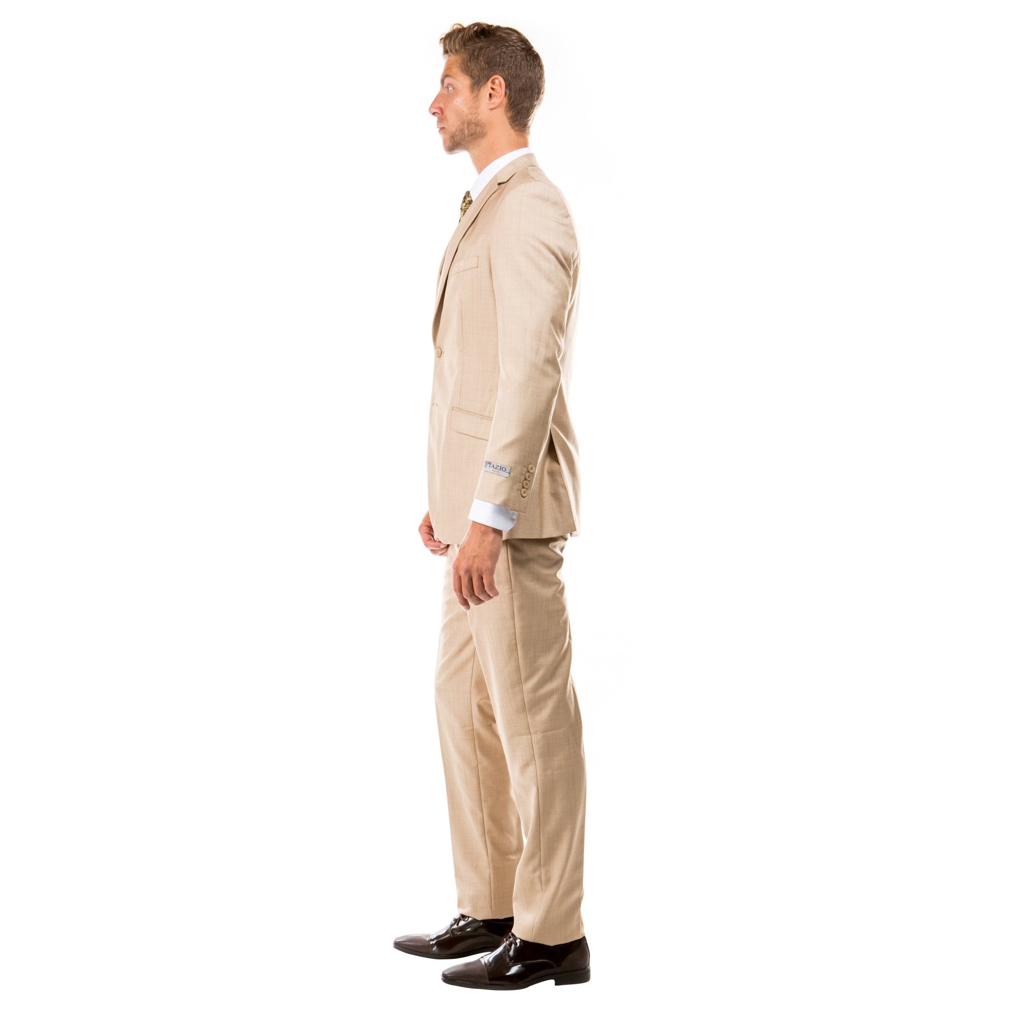 Dark Tan Men's Slim - Fit 3 - Piece Sharkskin Suit - Bundle Bus